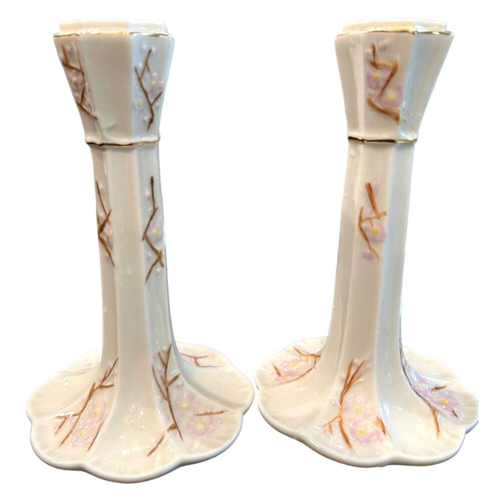 Vintage Belleek "Thorn" Ivory Porcelain Candlesticks (2) ~ 7th Brown Mark